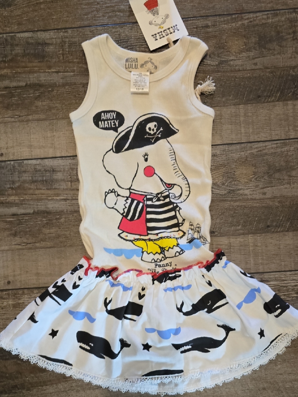 Misha Lulu Pirate Elephant Tank Dress in White with Black & Blue Print